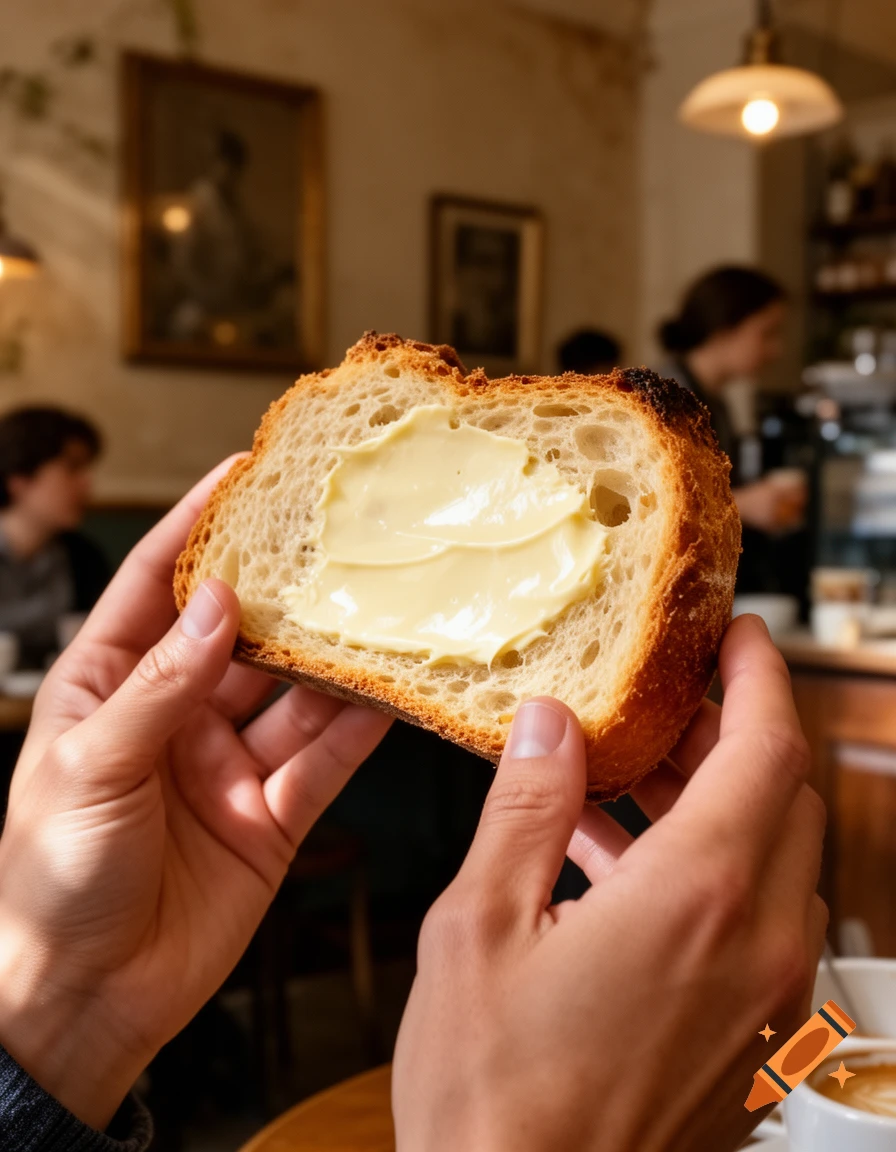Close-up of hands holding a slice of fresh bread spread with butter, set in a warm, sunlit cafe.
