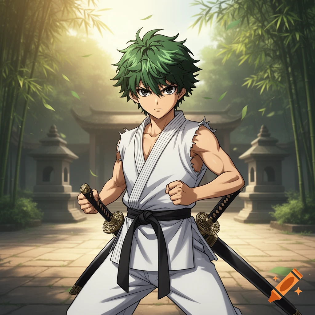 An anime boy with green spiky hair in a white tattered gi and black belt, holding a sword and another on his hip, standing in a temple bamboo garden.