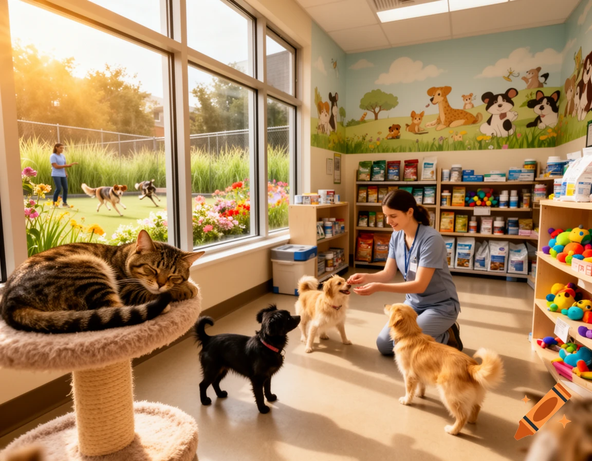 A photorealistic image shows a woman interacting with dogs and a sleeping cat inside a bright pet shelter, with other dogs playing outside.