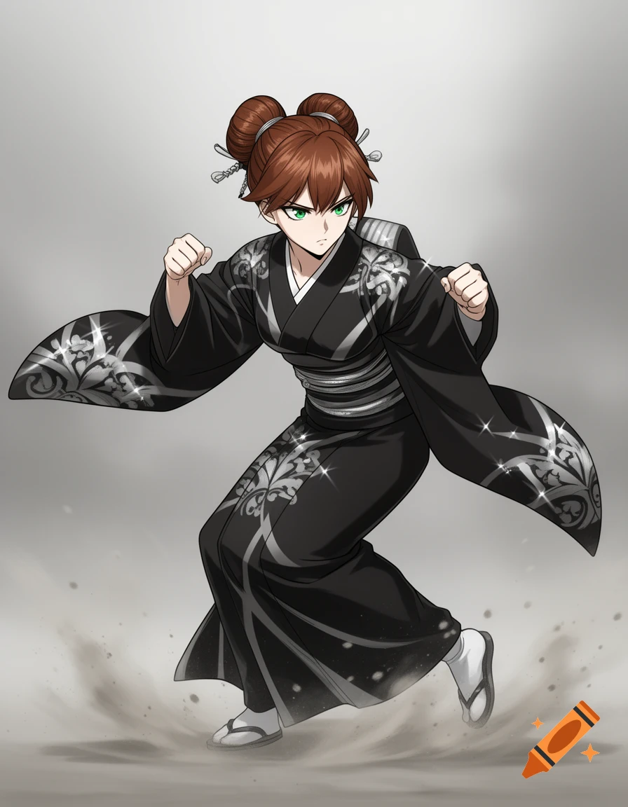 Anime girl with brown buns, in a black kimono with silver patterns, standing in a martial arts combat stance.