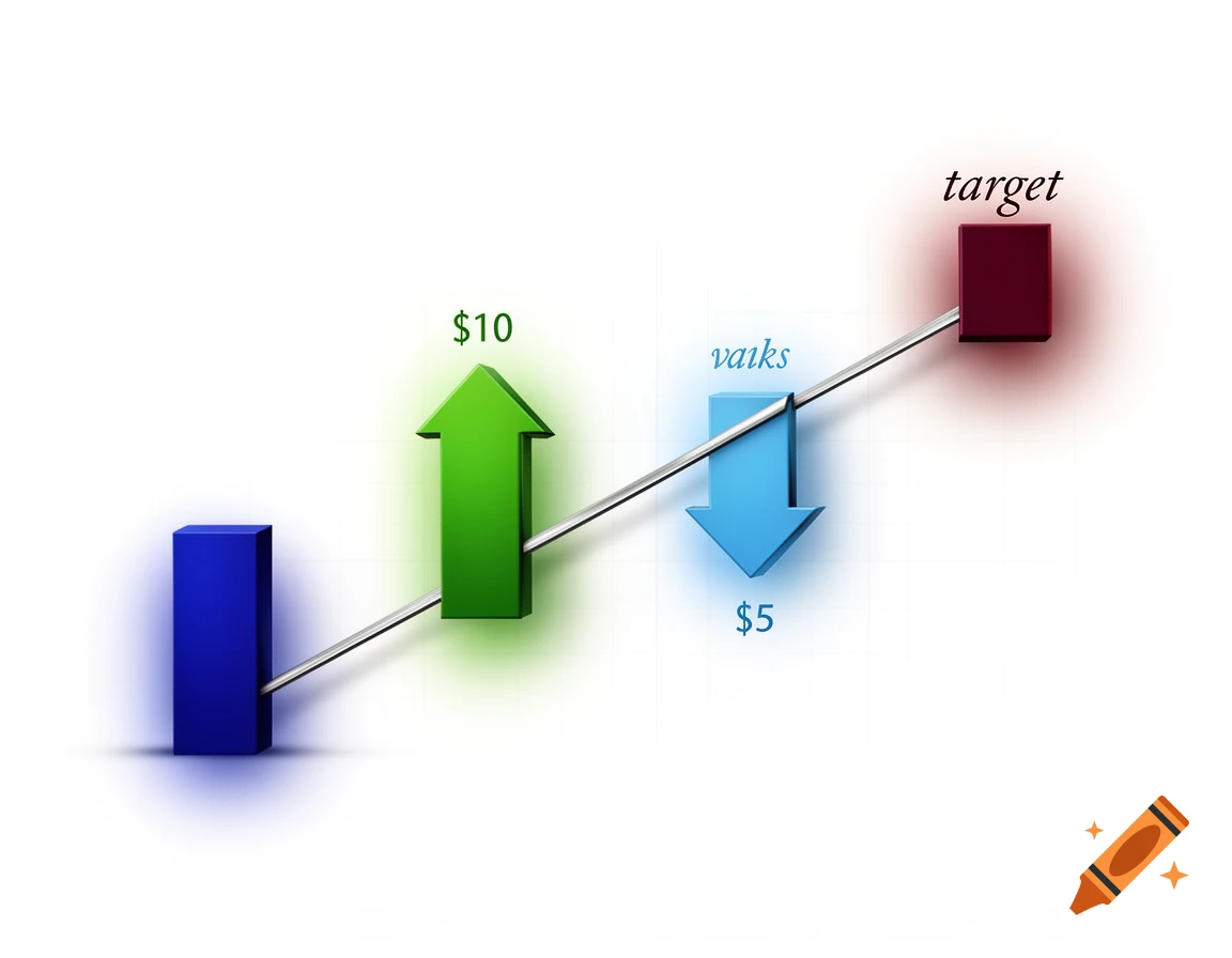 A 3D waterfall chart with a blue starting bar, a green '$10' increase, a blue 'vaiks' '$5' decrease, and a red 'target' end bar.