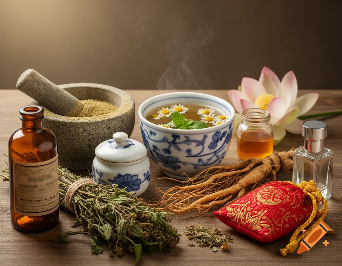 A photorealistic flat lay of traditional medicine items including a mortar and pestle, herbs, tea, honey, ginseng, and a lotus flower on a wooden table.