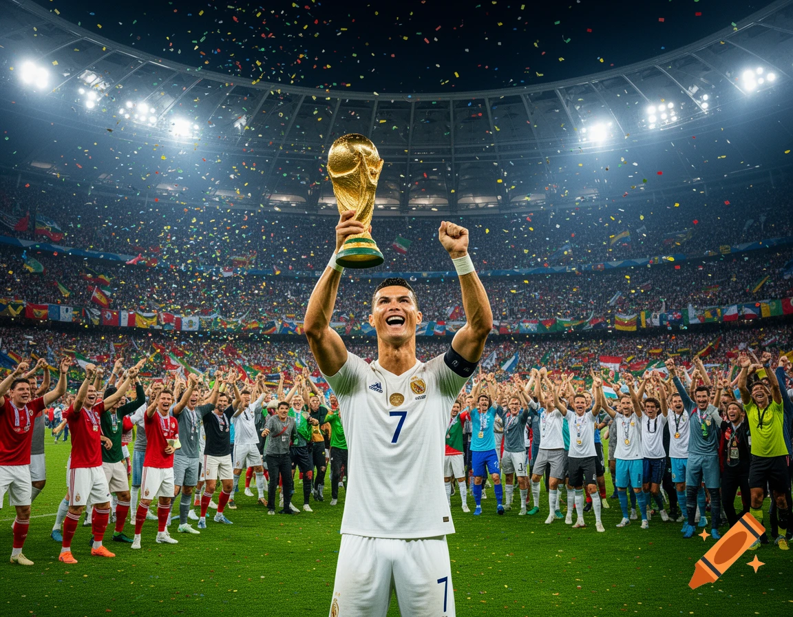 Cristiano Ronaldo lifts the World Cup trophy amidst confetti and cheering fans in a packed football stadium, photorealistic.