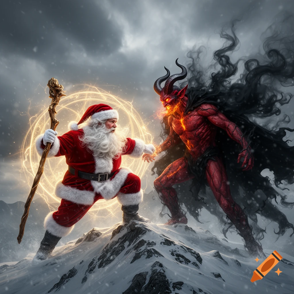 Photorealistic depiction of Santa Claus wielding a staff and magic, confronting a fiery red demon on a snowy mountain.