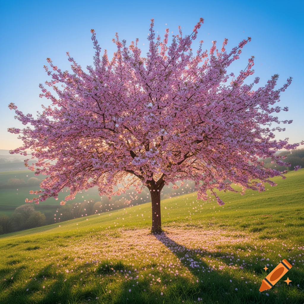 A vibrant cherry blossom tree in full bloom stands on a grassy hill, with pink petals scattered on the ground under a clear blue sky.