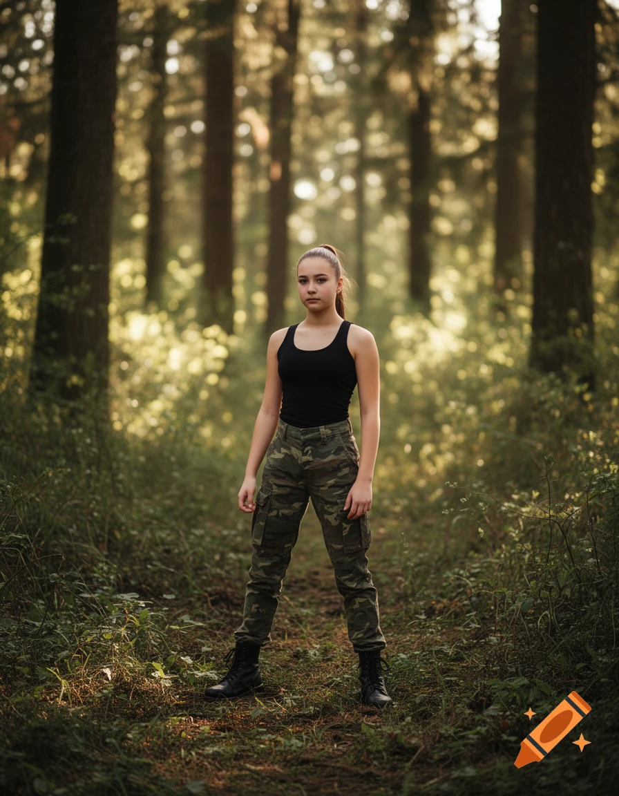 A teenage girl in a black tank top and camouflage pants with army boots stands in a sunlit forest.