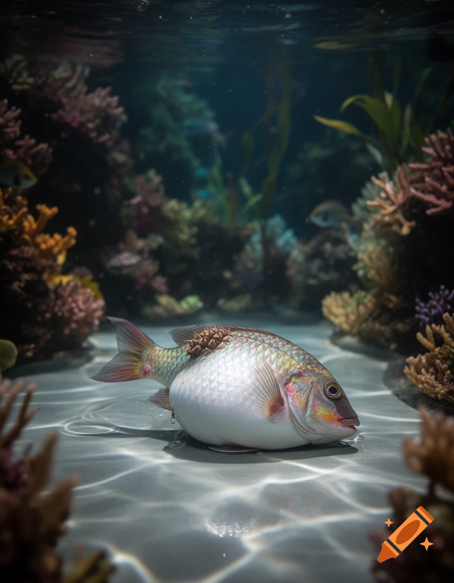 A photorealistic image of a fish with a swollen white belly and raised scales, resting on a sandy underwater floor surrounded by coral.
