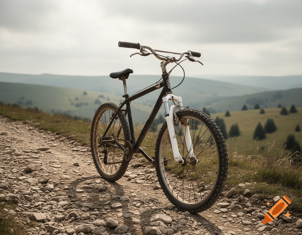 A black mountain bike with a white suspension fork on a rocky dirt path, overlooking rolling green hills and a cloudy sky. Photorealistic.