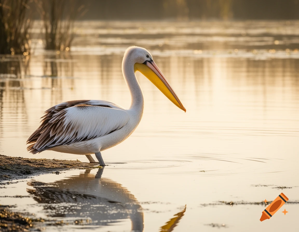 A white pelican with a long yellow beak stands in golden water, looking at its reflection, with reeds in the soft background.