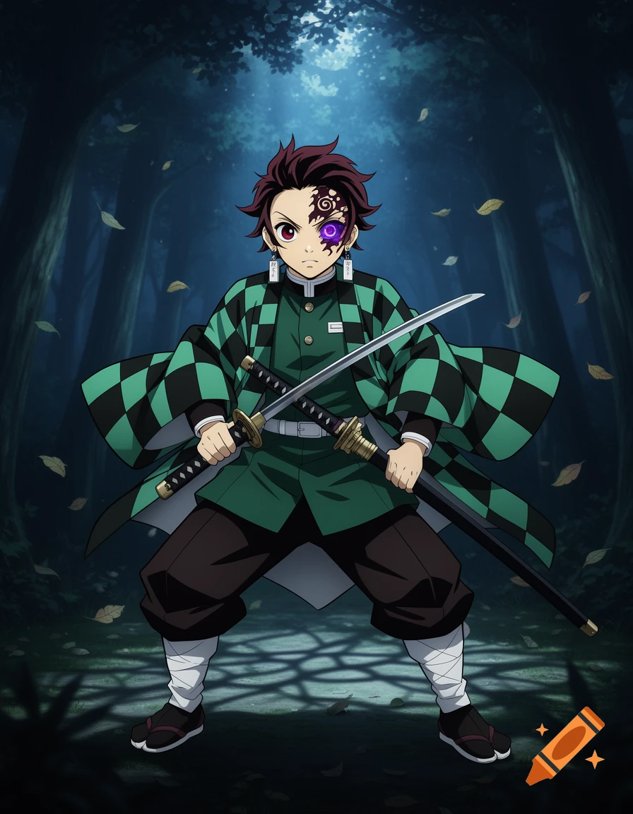 An anime swordsman, Tanjiro, with a demon mark on his forehead and a glowing purple eye, stands ready with two katanas in a dark, misty forest with falling leaves.