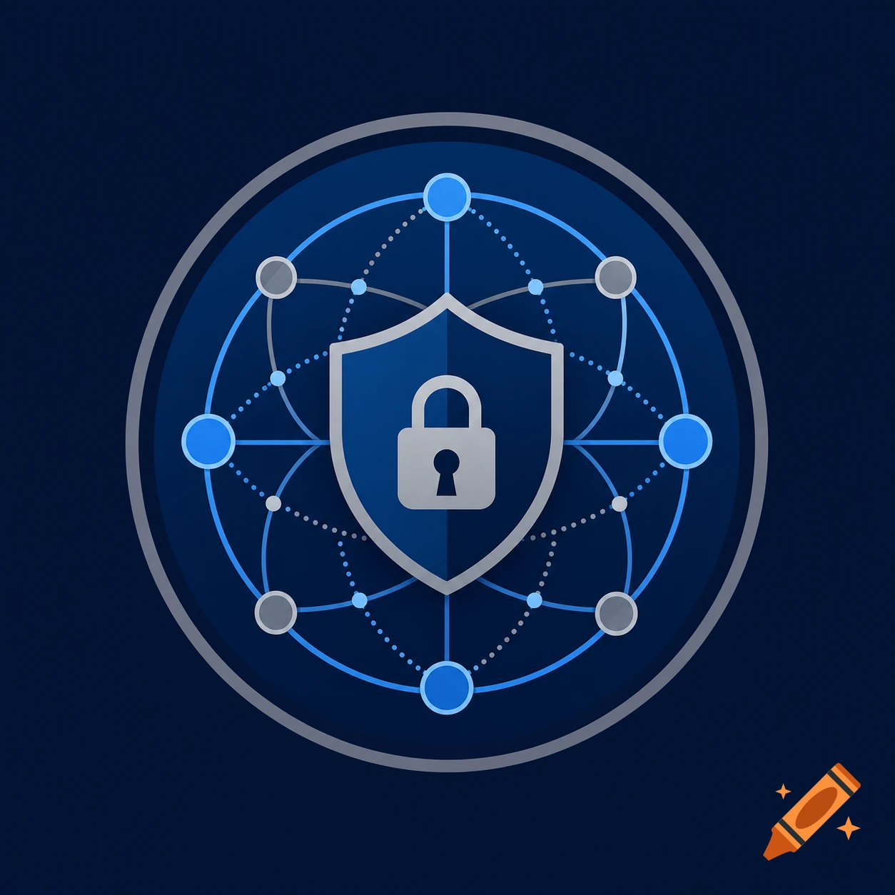 Blue shield with silver padlock inside a network of connected nodes in a circular logo on a dark blue background.