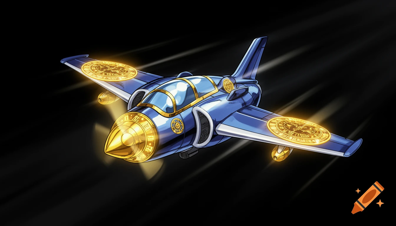 A chibi anime-style blue metallic airplane with gold glowing clock faces on its wings and nose, set against a dark background.