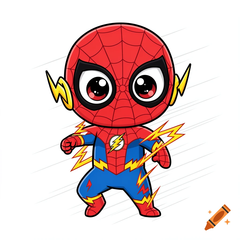 Chibi Spider-Man and Flash mashup character in a red and blue suit with lightning bolt details, big eyes, and web patterns.