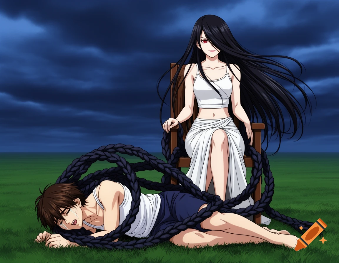 Anime illustration of a mysterious woman on a chair with long braided hair wrapping around a crying man on the ground.