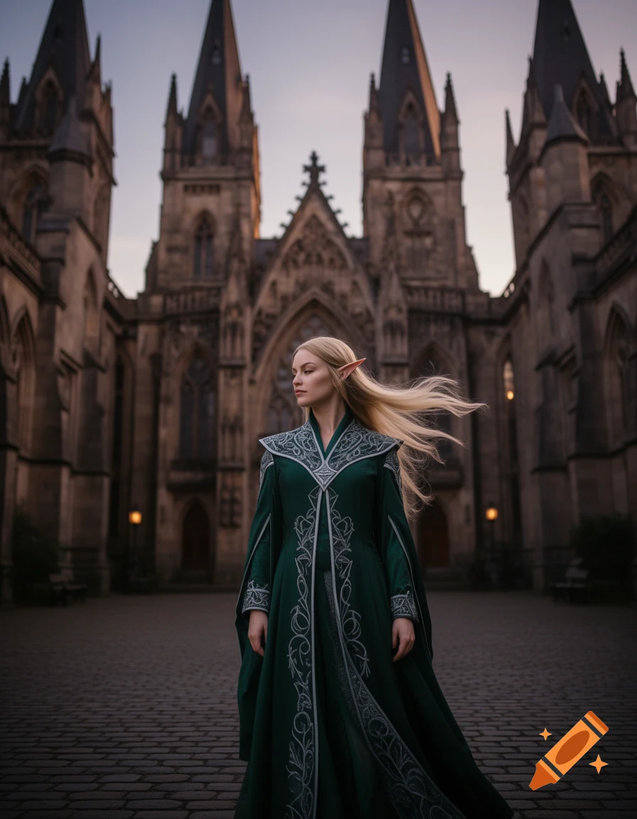 A blonde woman with elf ears in an ornate dark green gown stands before a gothic cathedral at dusk.