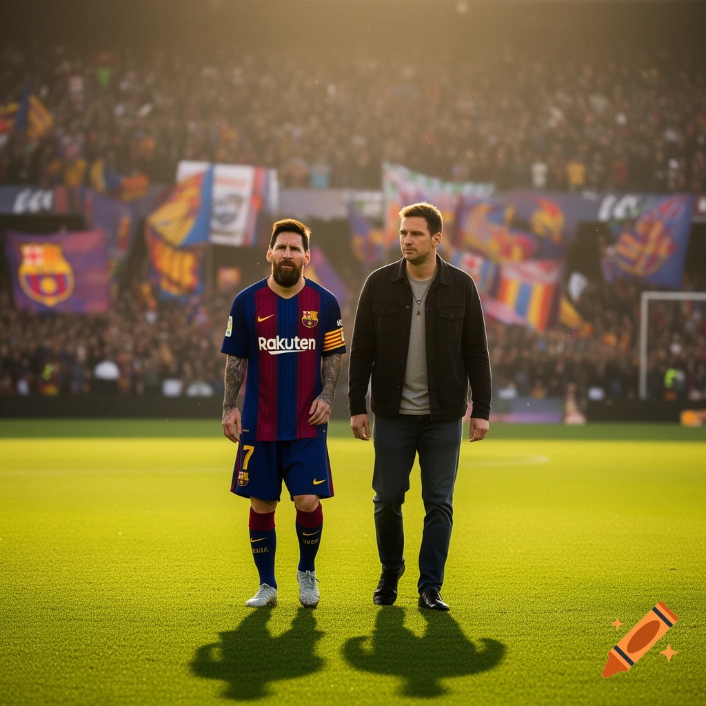 Lionel Messi in a Barcelona jersey and another man walk on a bright green soccer field in a crowded stadium at sunset, photorealistic.