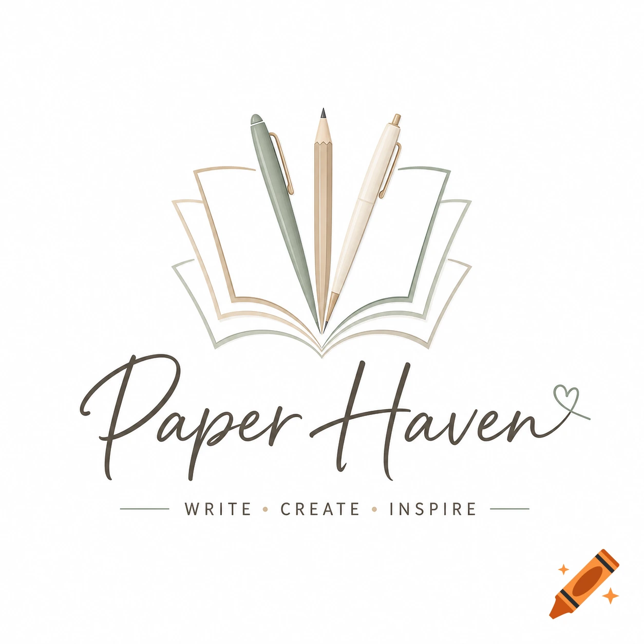 A clean, modern logo for Paper Haven, featuring an open book with a pencil and two pens, and the tagline 'WRITE " CREATE ". INSPIRE'.