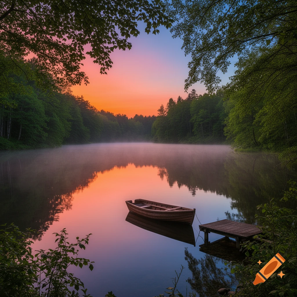 A tranquil lake at sunrise with a wooden rowboat tied to a small dock, surrounded by lush green forest and vibrant sky reflections.