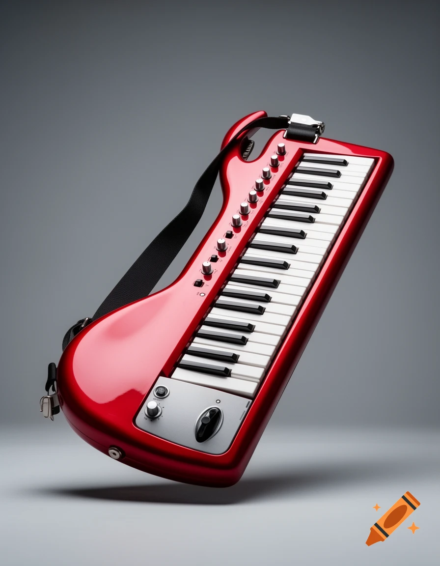 A glossy red keytar with a black strap, featuring white and black keys, floating against a gray background.