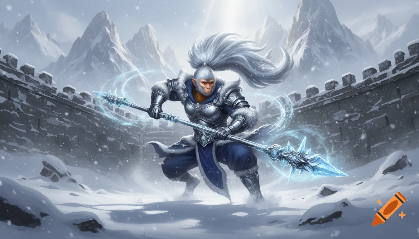 Fantasy digital painting of a Monkey King warrior in silver armor with an ice spear, standing in snowy fortress ruins against mountains.