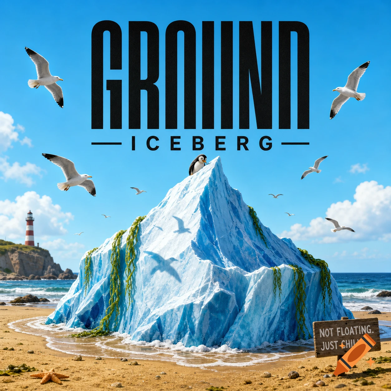 A grounded iceberg on a sandy beach with a penguin, seagulls, and text 'GROUND ICEBERG' and 'NOT FLOATING. JUST CHILLIN.'