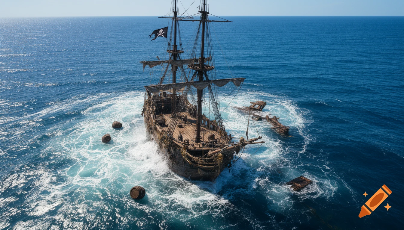 Photorealistic aerial view of an old, weathered pirate ship surrounded by turbulent ocean water and floating barrels, possibly sinking.