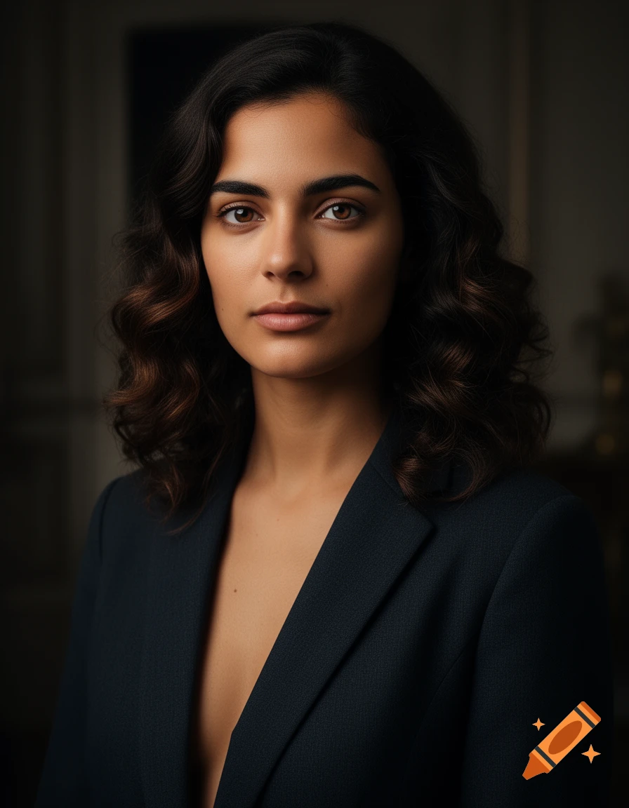 Photorealistic portrait of a woman with dark wavy hair, olive skin, and brown eyes, wearing a dark blazer revealing her chest.