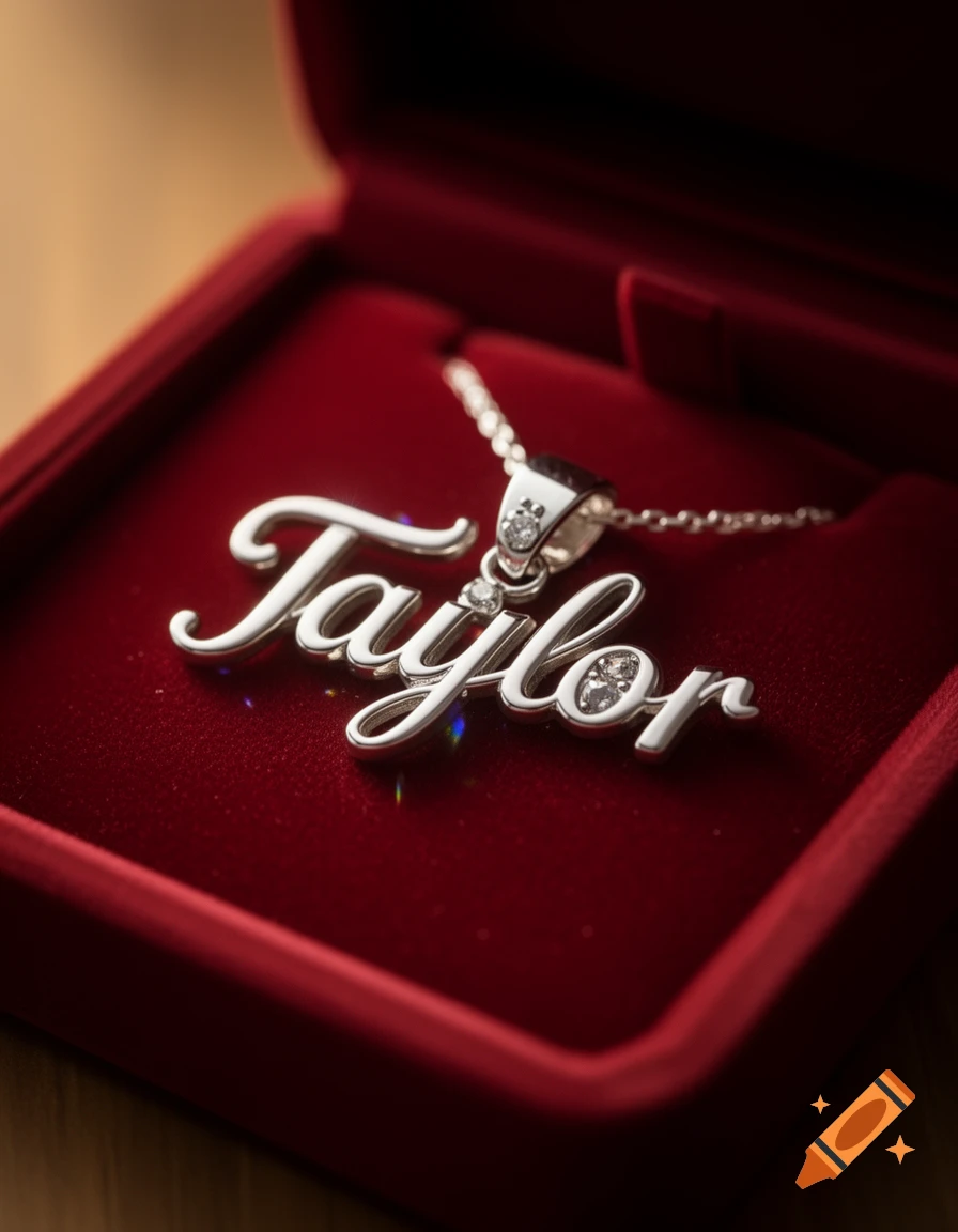 A silver nameplate necklace spelling 'Taylor' adorned with small diamonds, resting inside an open red velvet jewelry box.
