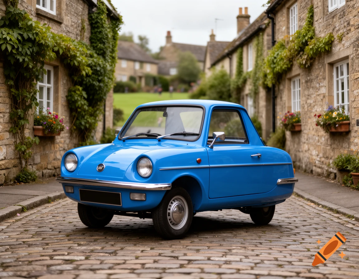 A bright blue, three-wheeled car resembling a Reliant Robin is parked on a cobbled street in front of stone buildings.