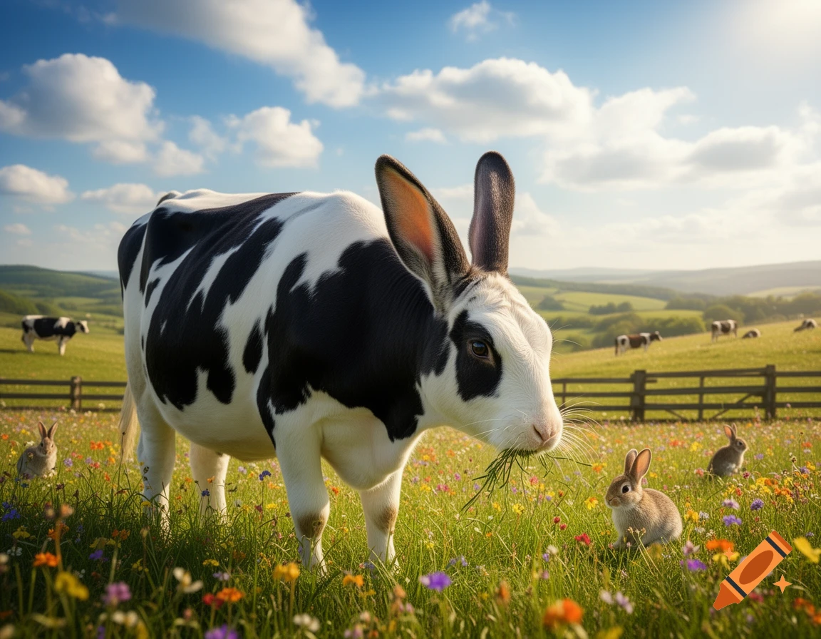 A large black and white cow-rabbit hybrid grazes in a sunny wildflower field with smaller rabbits, a fence, and distant cows.