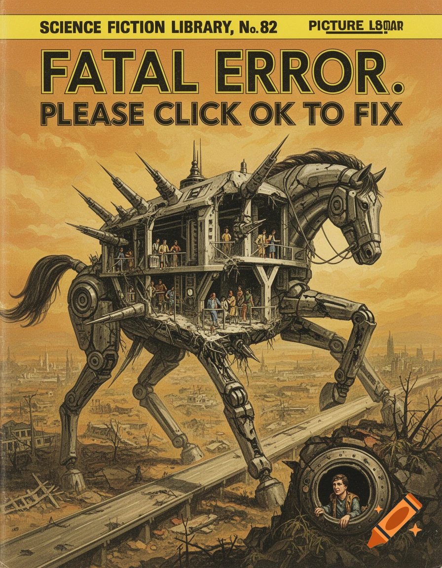 A 1970s-style illustration of a giant robotic horse-shaped arcology walking over a ruined city, with people inside. Text: FATAL ERROR.