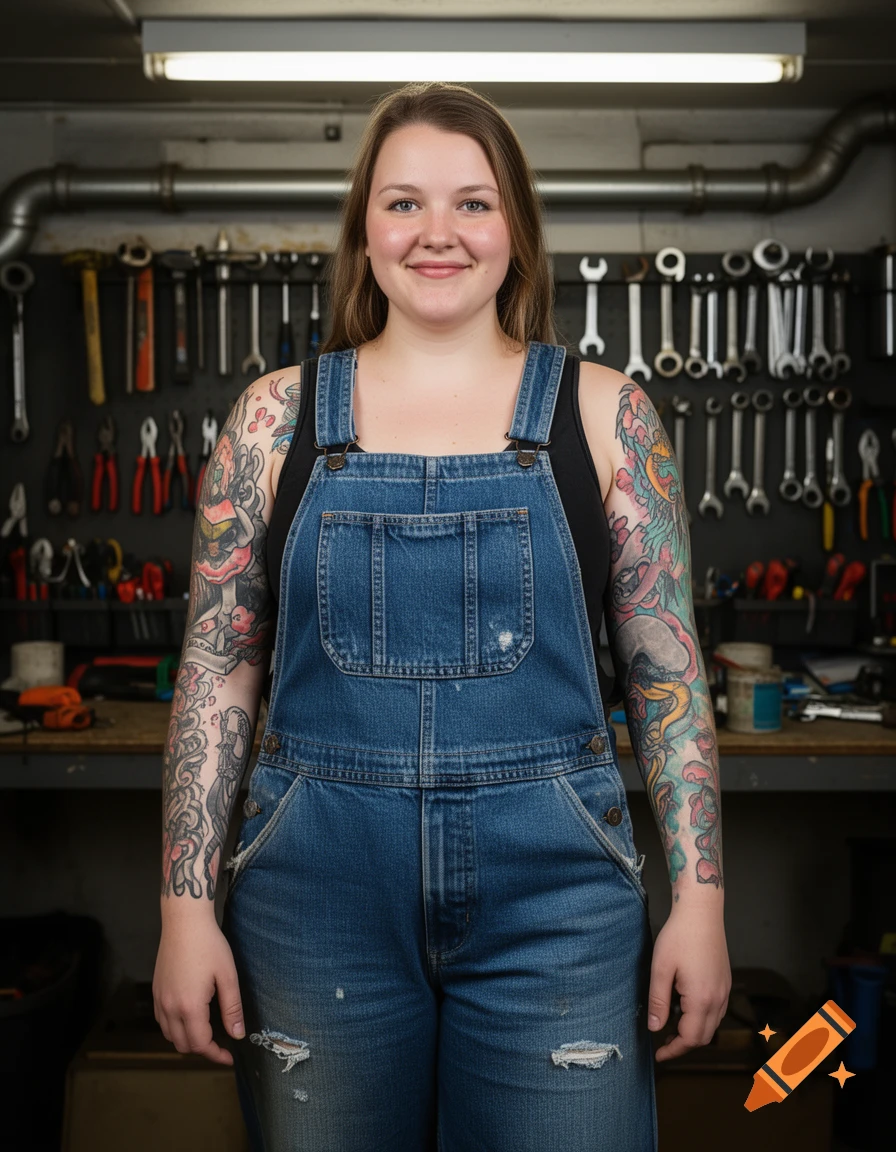 A smiling woman with tattooed arms in blue denim overalls stands in a workshop with tools on the wall.