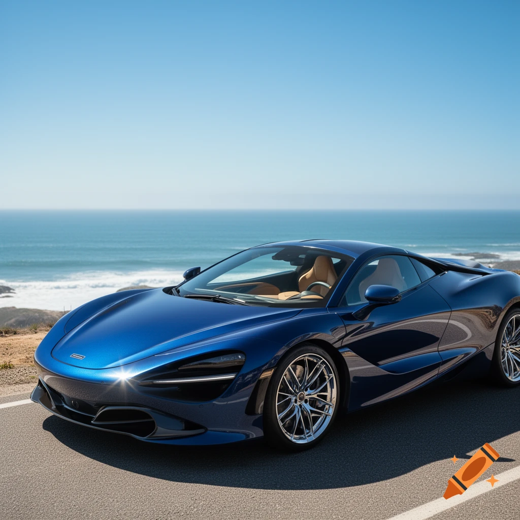 A sleek blue sports car is parked on a coastal road overlooking a vast blue ocean under a clear sky.