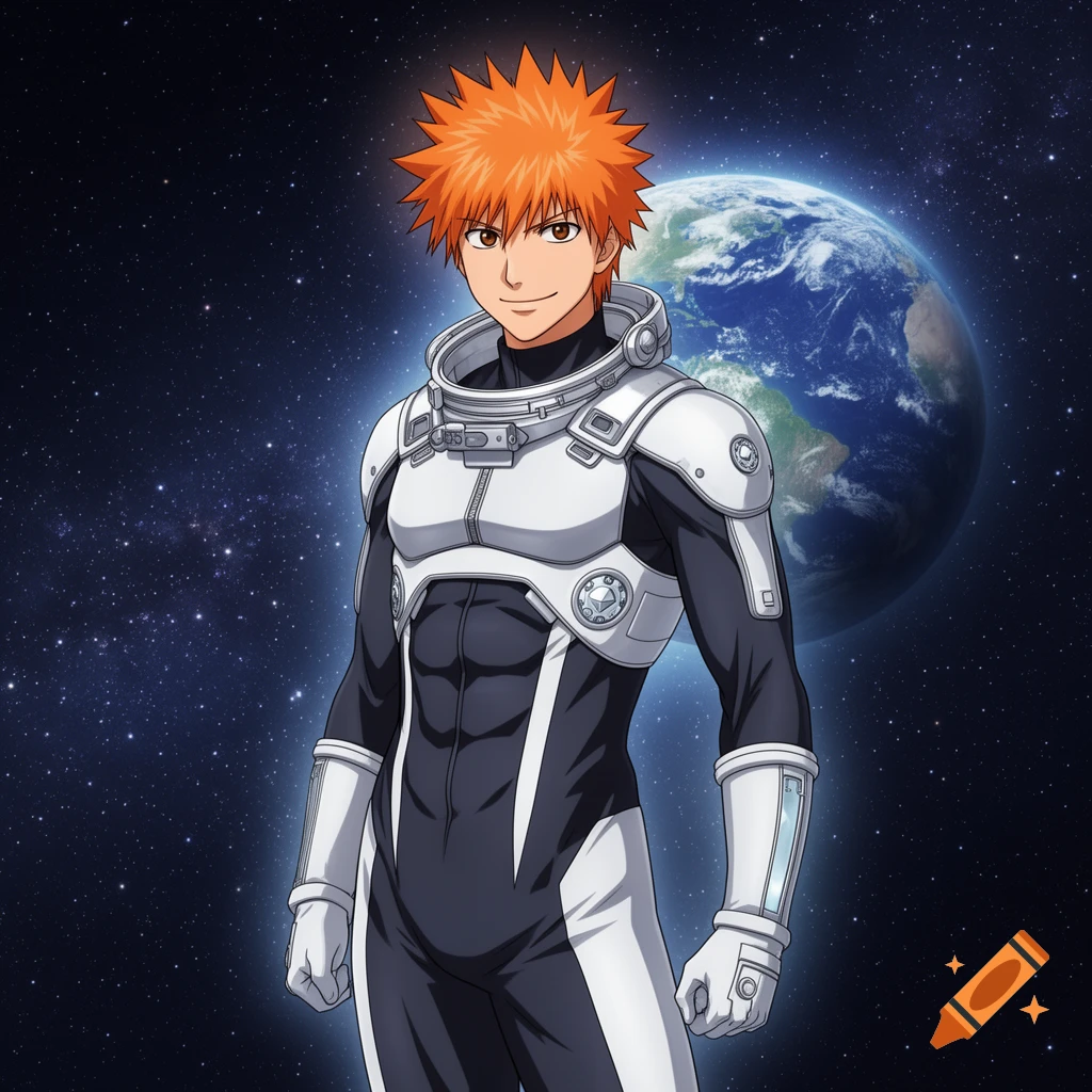 Anime character Kurosaki Ichigo in a white and black astronaut suit stands smiling in space with Earth behind him.