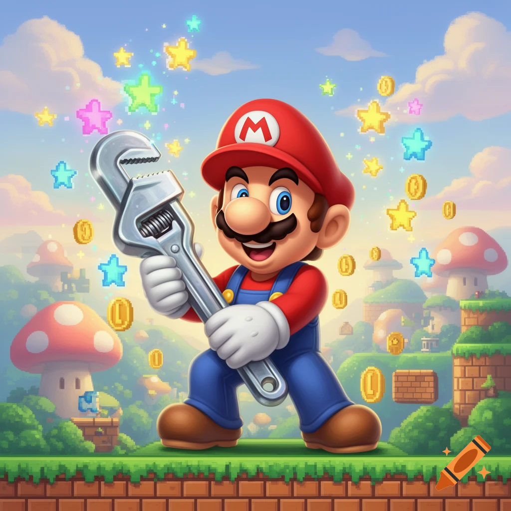 Super Mario in a red hat and blue overalls holds a pipe wrench, surrounded by floating coins and pixelated stars in a colorful game world.