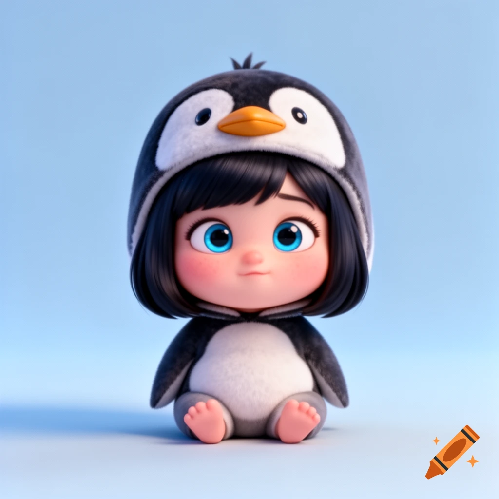 A cute 3D anime chibi girl with short black bob hair and big blue eyes sits in a fluffy penguin costume on a light blue background.