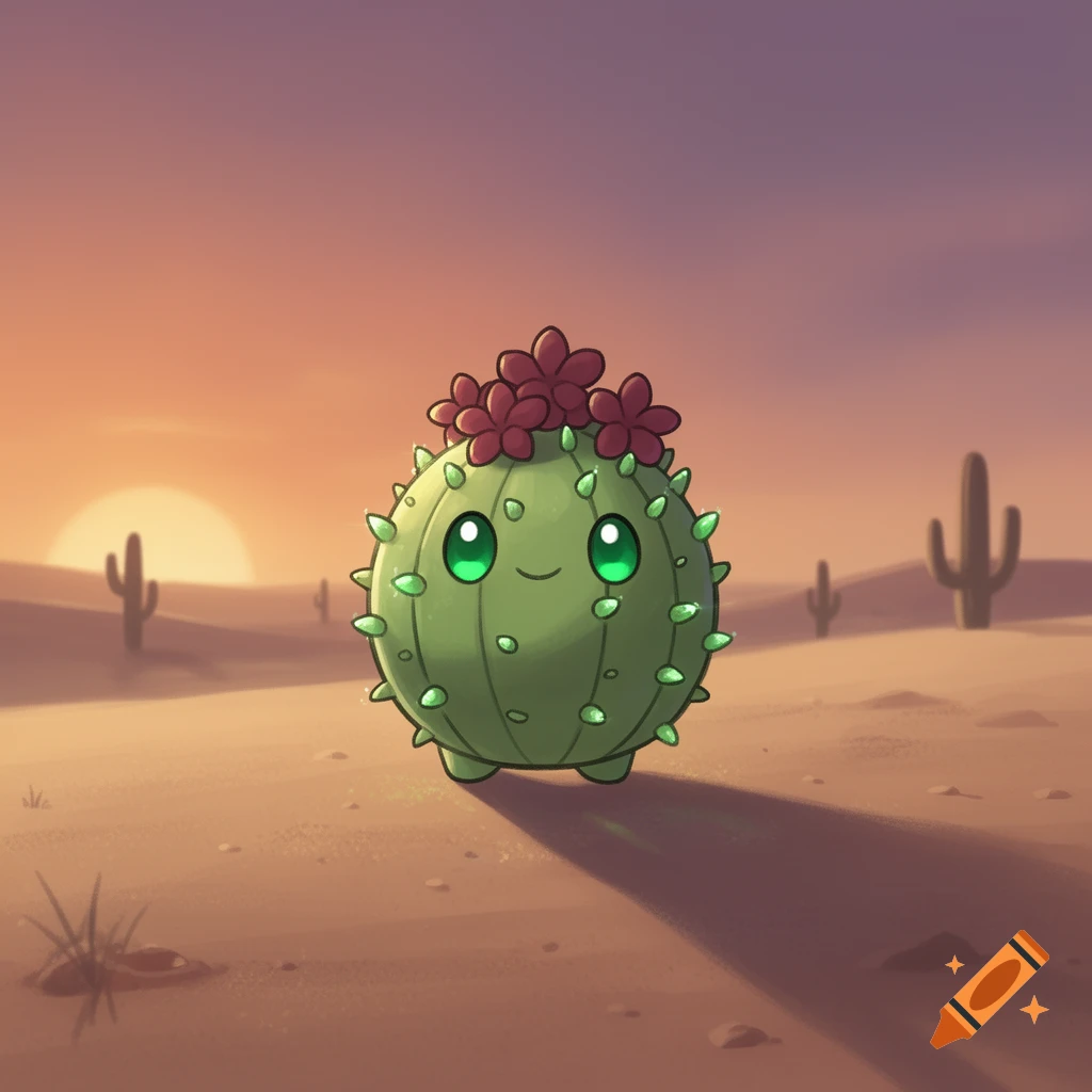 A cute cartoon cactus with green eyes and red flowers on its head stands in a desert during sunset.