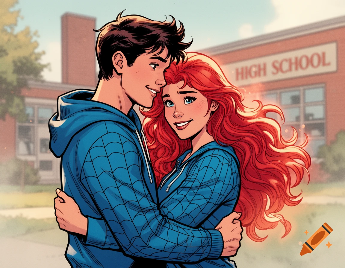 Comic book style illustration of Peter Parker and Jean Grey hugging in front of a high school building.