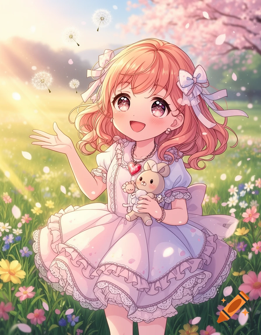 A cute anime girl with pink hair and a frilly dress holds a teddy bear in a spring field with dandelions and cherry blossoms.