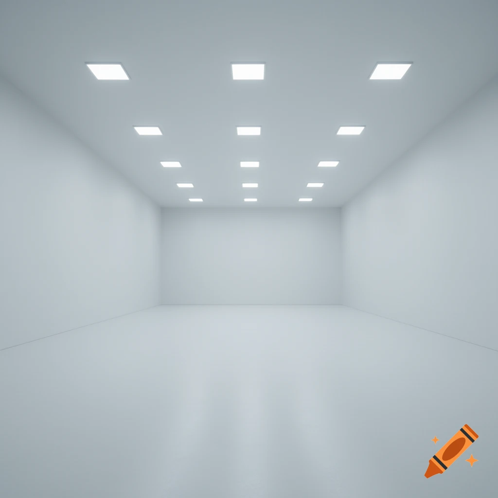 An empty, bright white room with a grid of square, recessed lights on the ceiling.