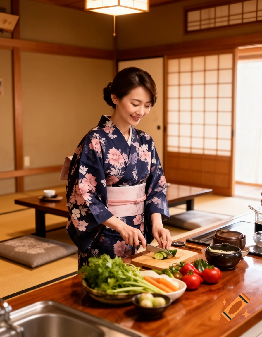 A smiling Japanese woman in a floral kimono slices cucumber on a wooden counter with fresh vegetables in a traditional room.