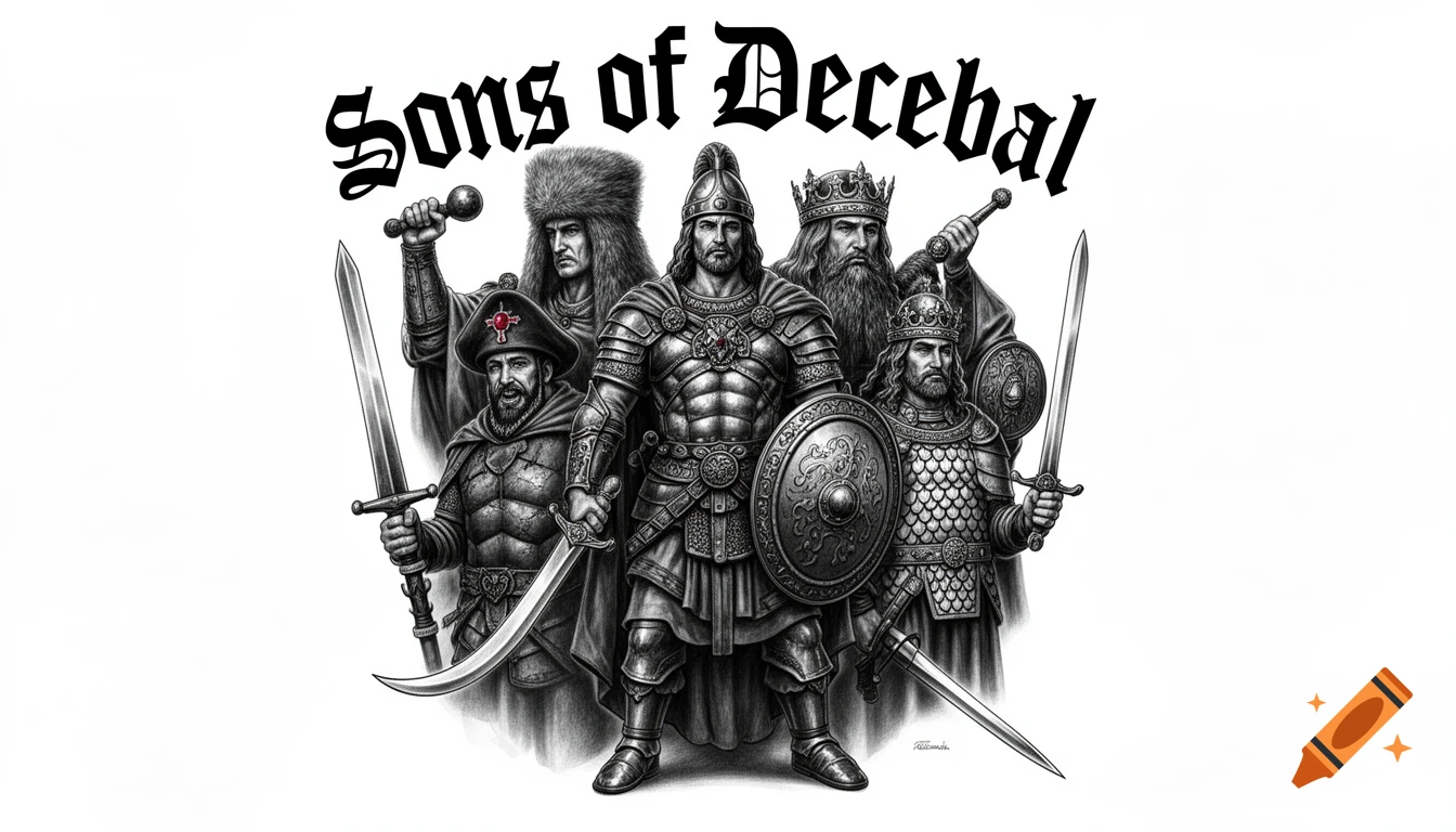 Grayscale illustration titled 'Sons of Decebal' featuring five historical Romanian rulers in armor, holding swords, shields, and mace.