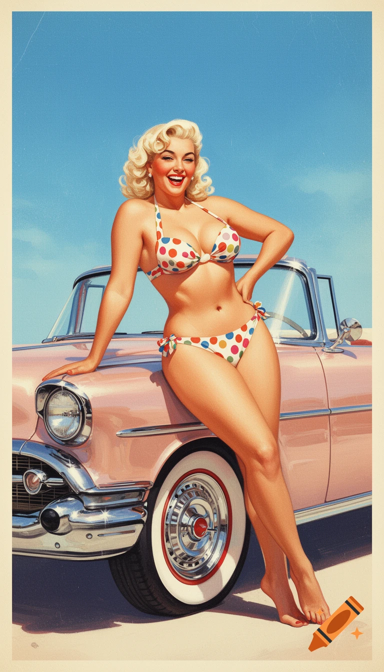 A smiling blonde pin-up woman in a polka dot bikini leans on a pink 1950s convertible under a blue sky, in a poster illustration style.