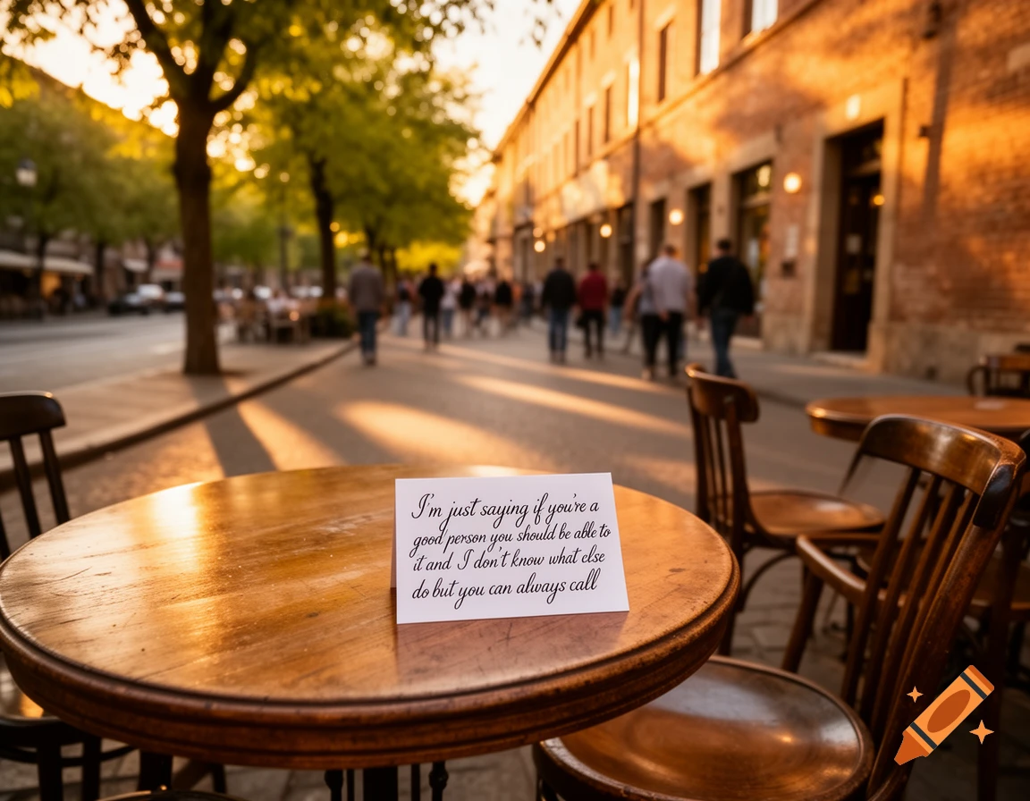 A wooden outdoor cafe table with a handwritten note, bathed in golden hour light on a bustling city street.