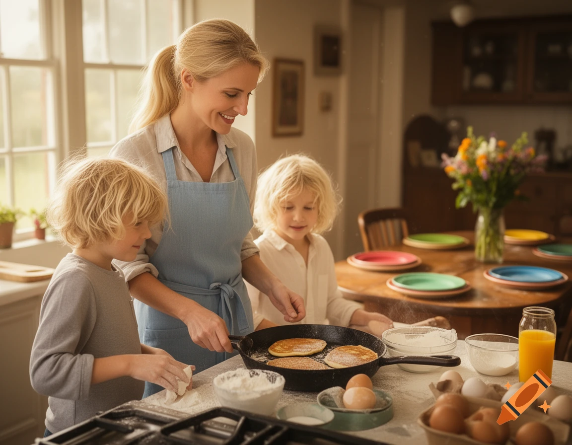 A blonde woman and two blonde kids cook pancakes in a sunlit kitchen, a breakfast scene.