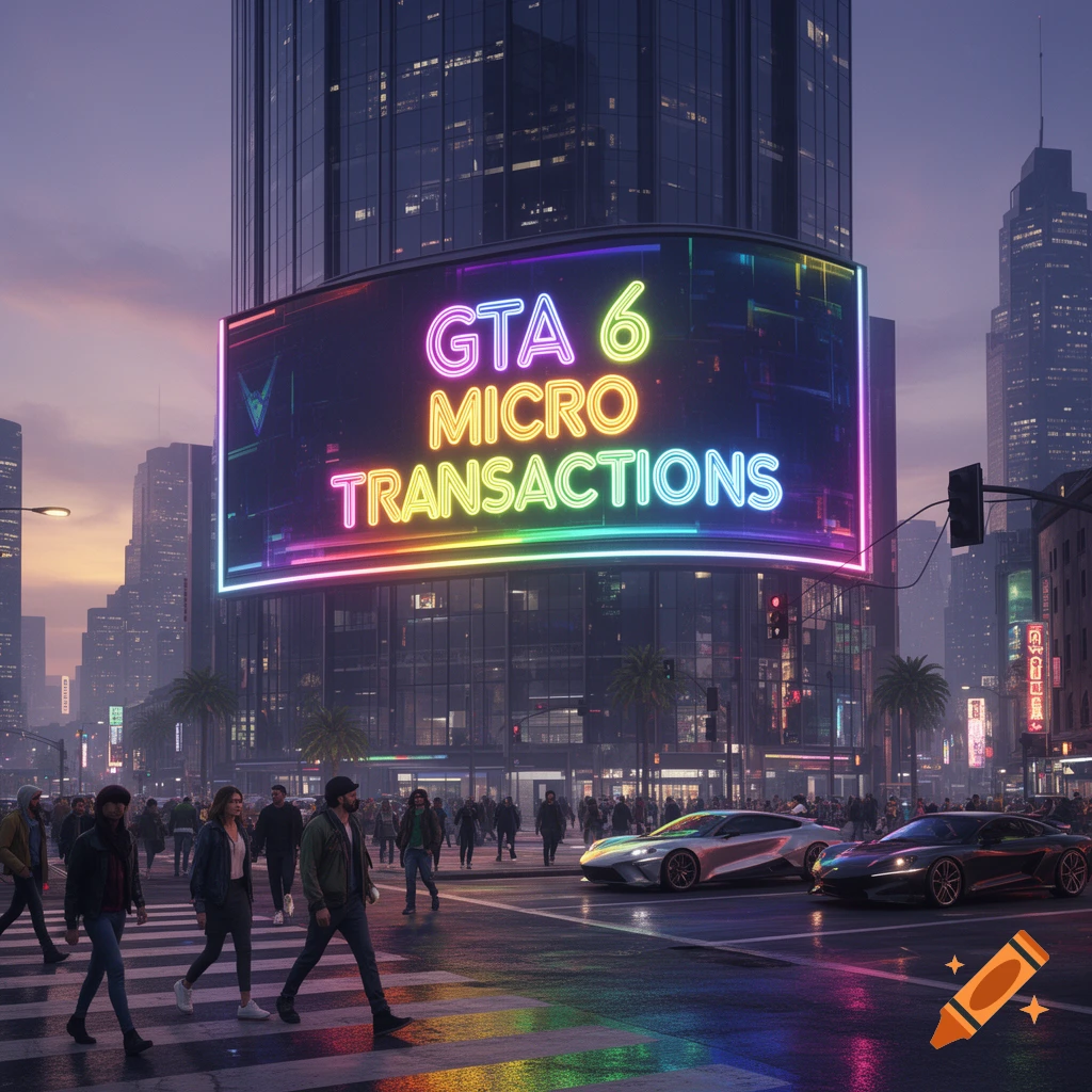 A bustling city street at dusk with people crossing a rainbow crosswalk and cars, a skyscraper features a large neon billboard reading 'GTA 6 MICRO TRANSACTIONS'.