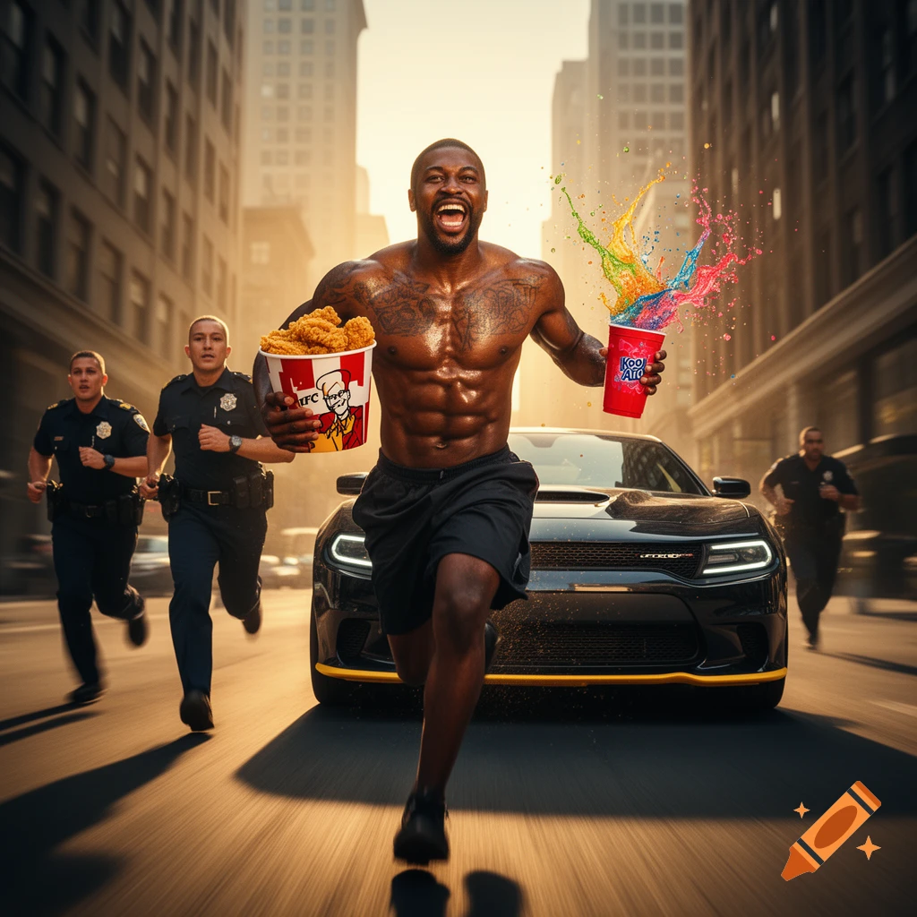 Shirtless muscular Black man runs down a city street with fried chicken and a splashing drink, pursued by police officers, with a black car behind him.