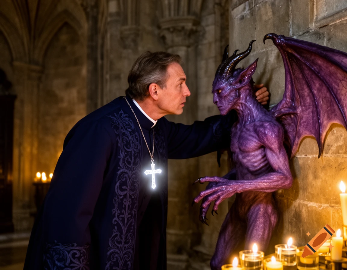 A priest with a glowing cross necklace presses a purple-skinned, winged demon against a stone wall in a candlelit cathedral.