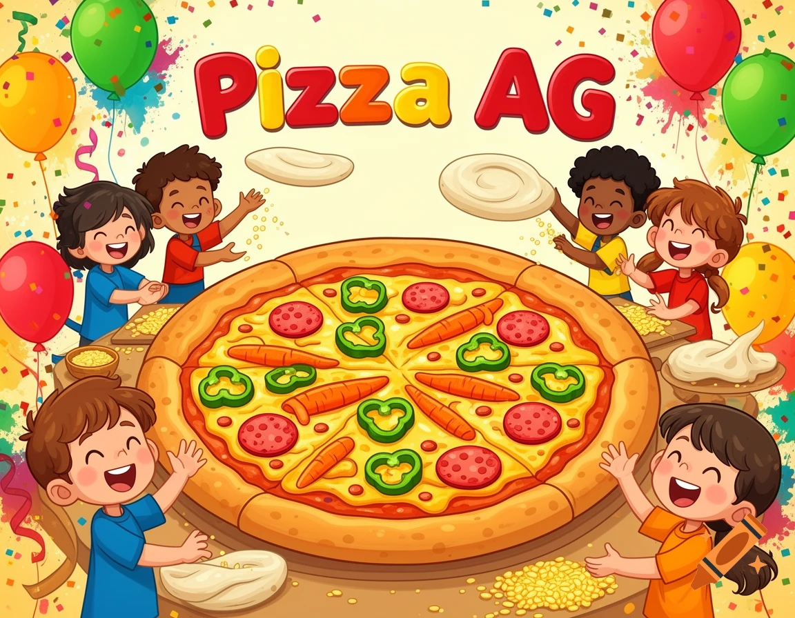 Cartoon illustration of happy children making a giant pizza with colorful balloons and confetti, text says "Pizza AG".