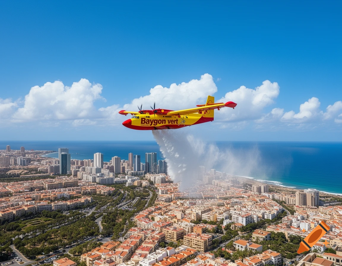 A red and yellow plane marked 'Baygon vert' sprays mist over a densely built coastal city with a blue sea and sky.